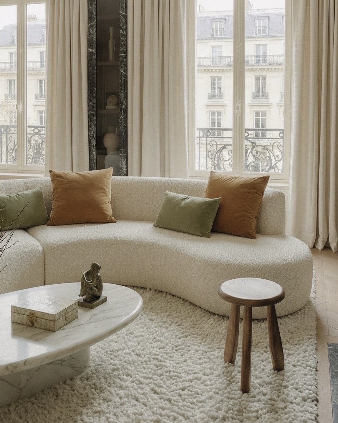 Salon d'un appartement parisien restructuré, façades haussmanniennes en vis-à-vis